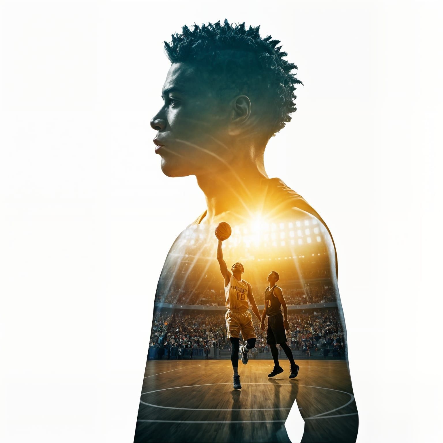 Basketball Player Dunking in Double Exposure Silhouette