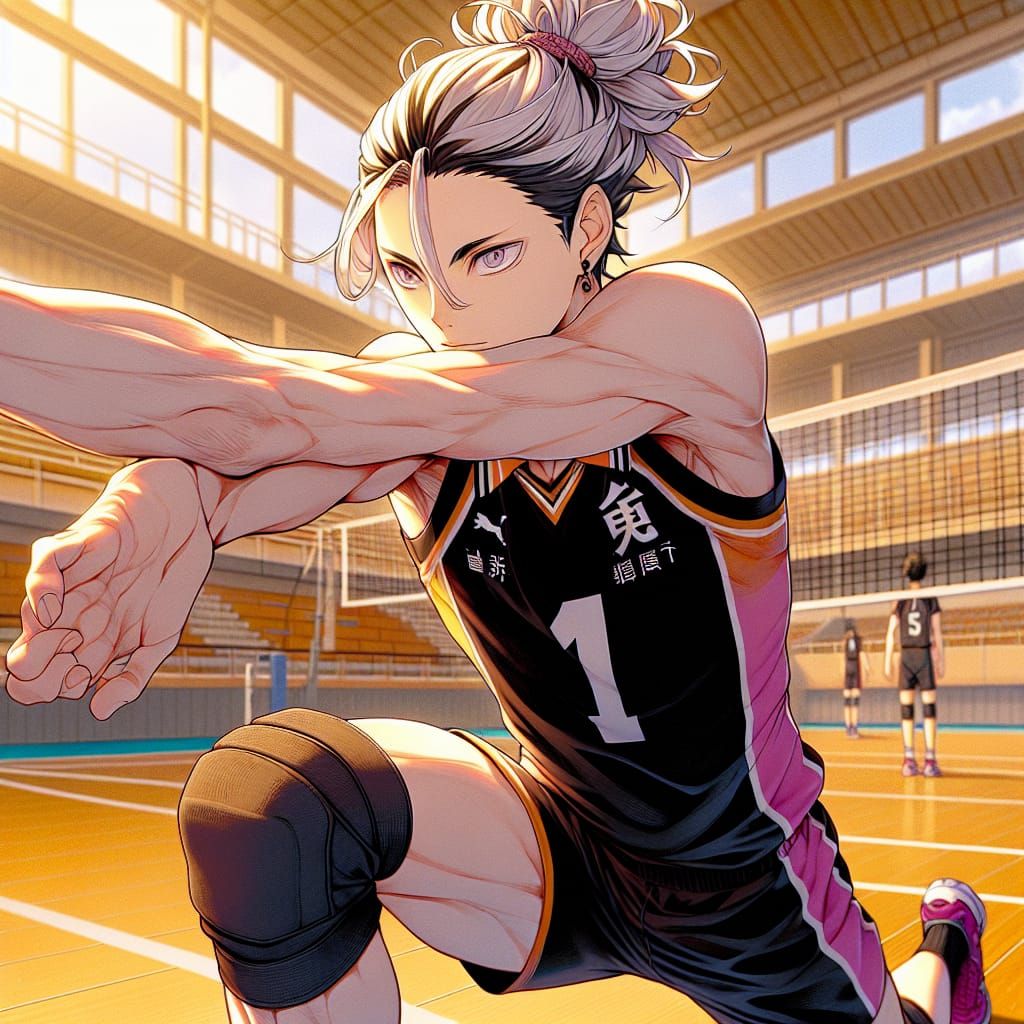 Anime Volleyball Player Stretching on Court