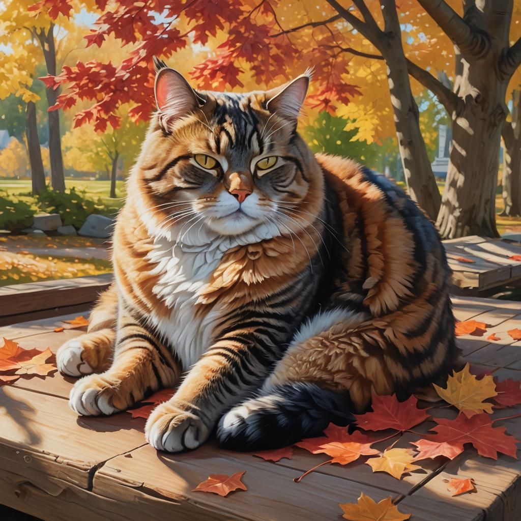 Relaxed Cat Sleeping Under Maple Tree: Oil Painting