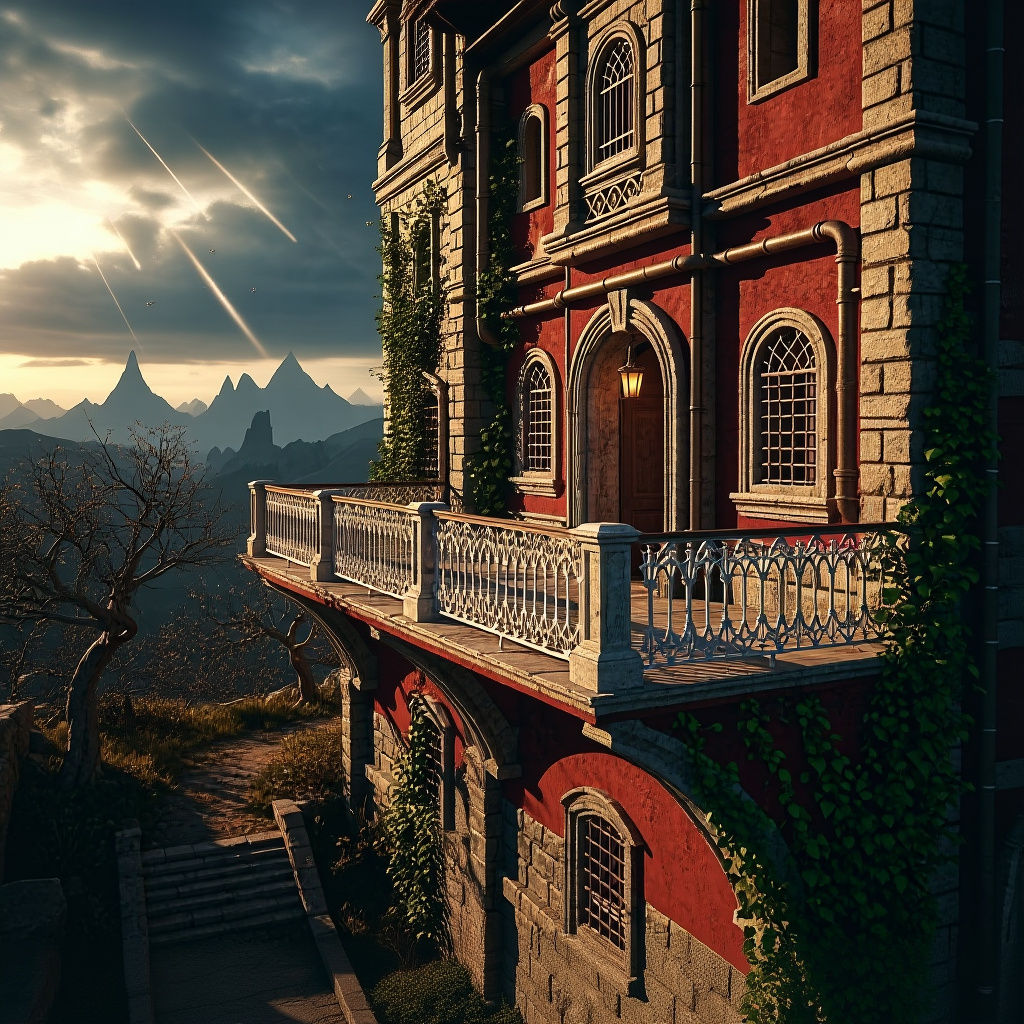 Detailed Balcony with Iron Railings, Matte Painting