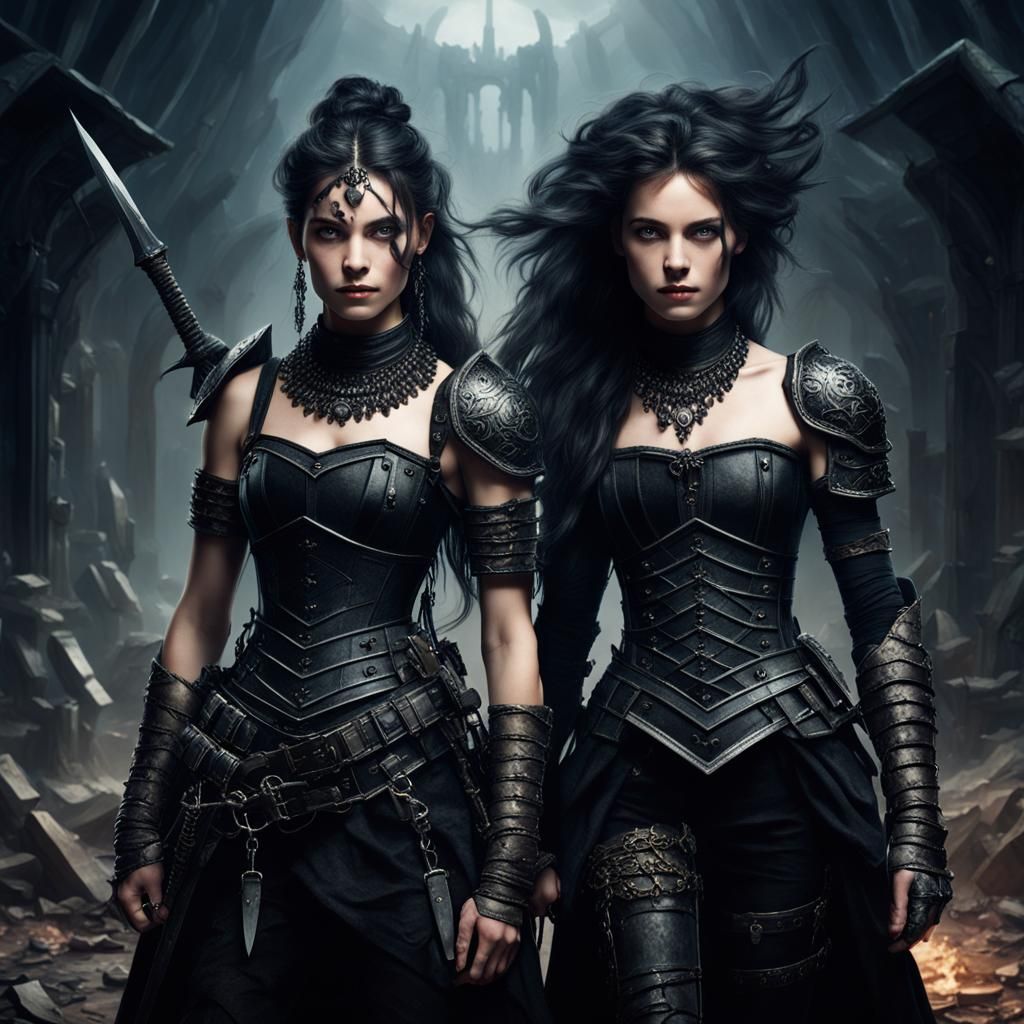 Two Embracing Female Warriors in Dark Fantasy Style