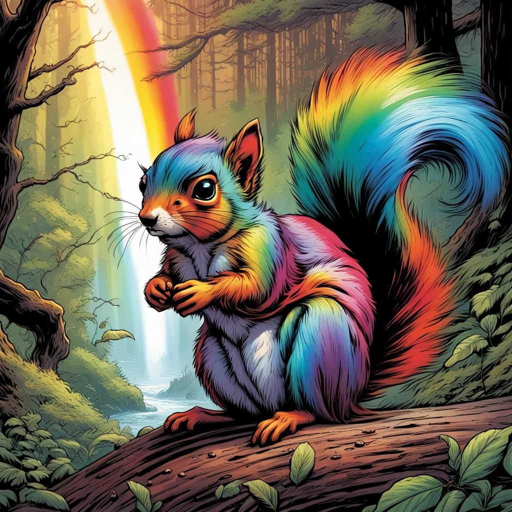 Rainbow Squirrel in Comic Book Art Style