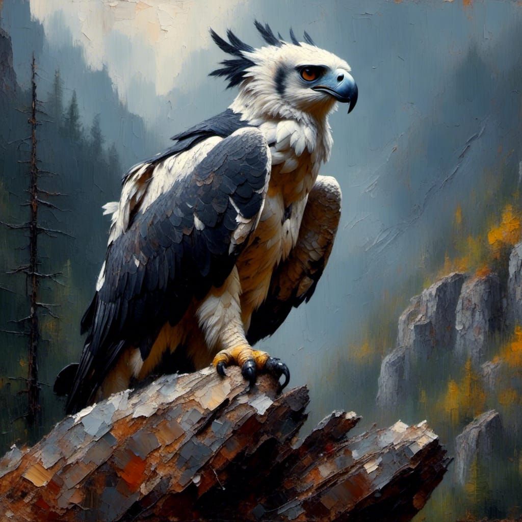 Majestic Harpy Eagle in Storm, Impasto Oil Painting