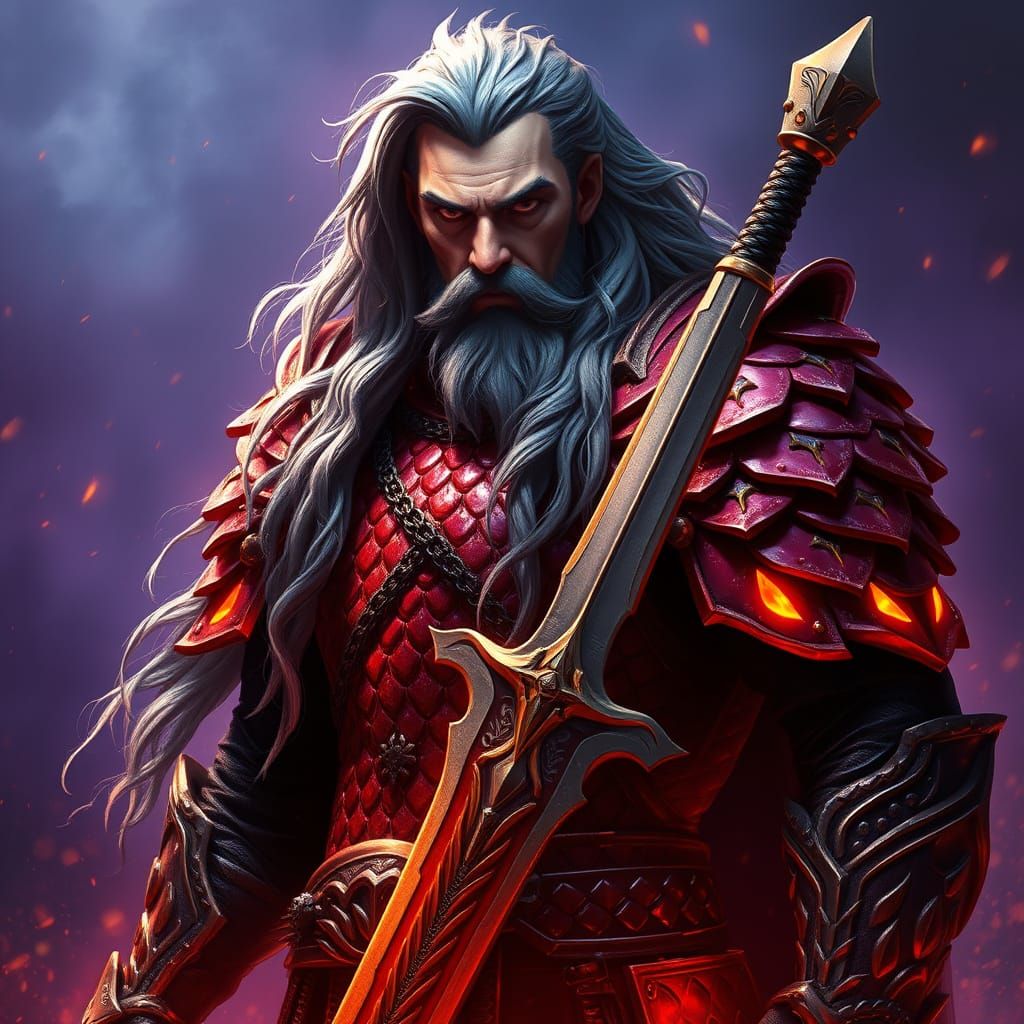 Epic Dark Fantasy Warrior in Red Dragon Scale Armour