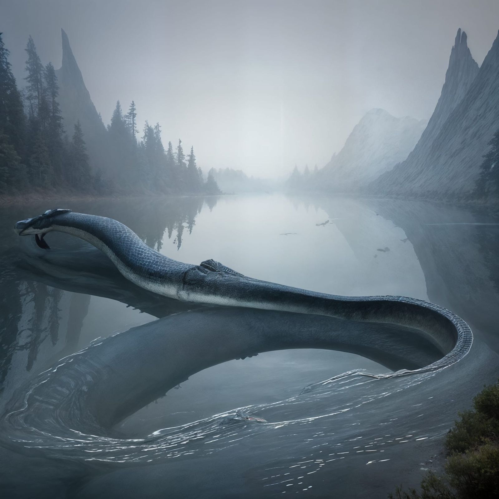 A giant lake serpent, mirrored scales, undulate, breaching t...