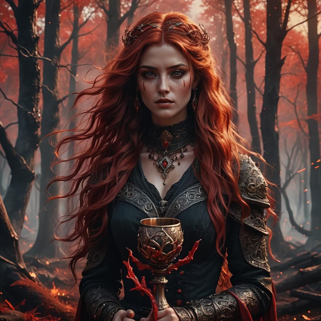 Fiery Portrait: Woman with Red Hair in Forest
