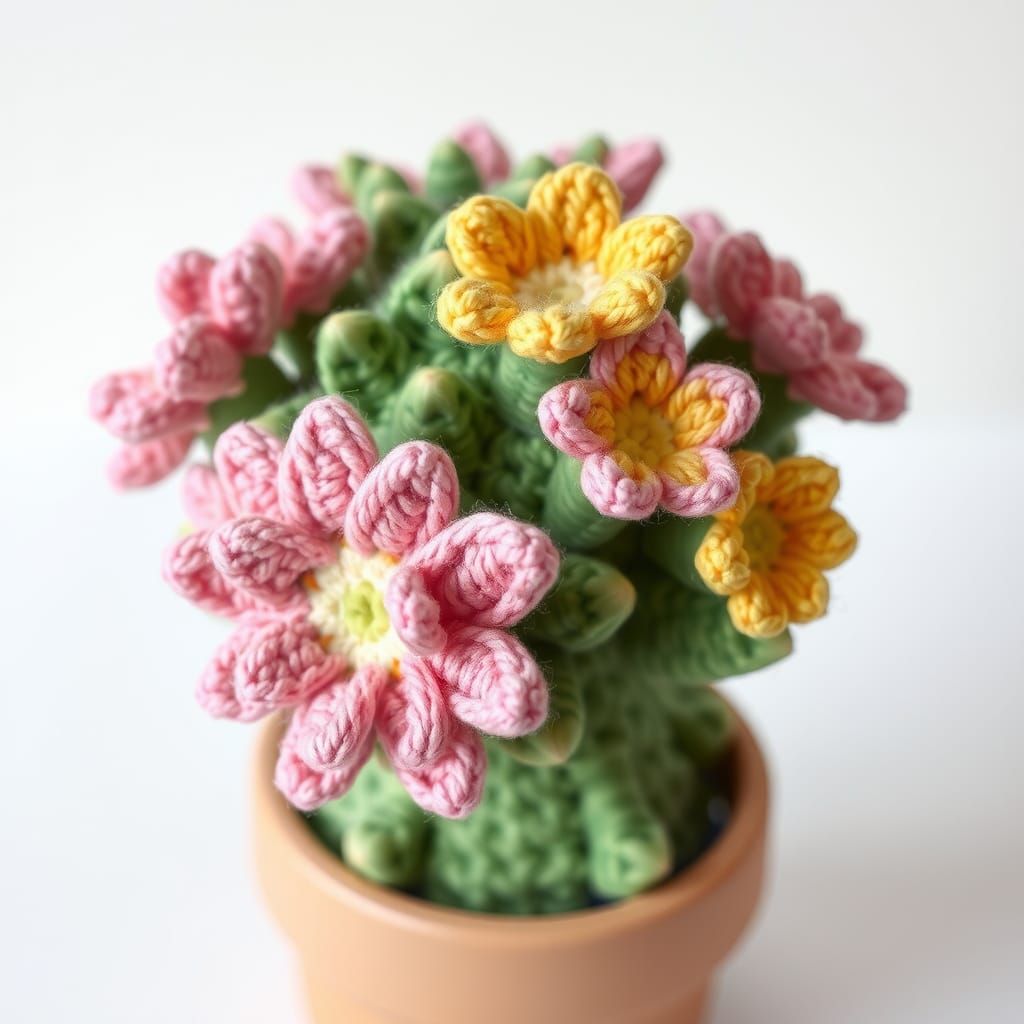 Crocheted Flowering Cactus in Folk-Art Style