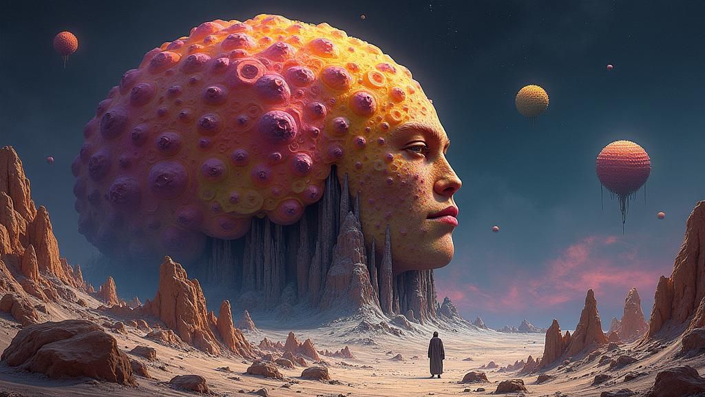 Surreal Colossus Portrait on Psychedelic Mandelbulb Landscap...