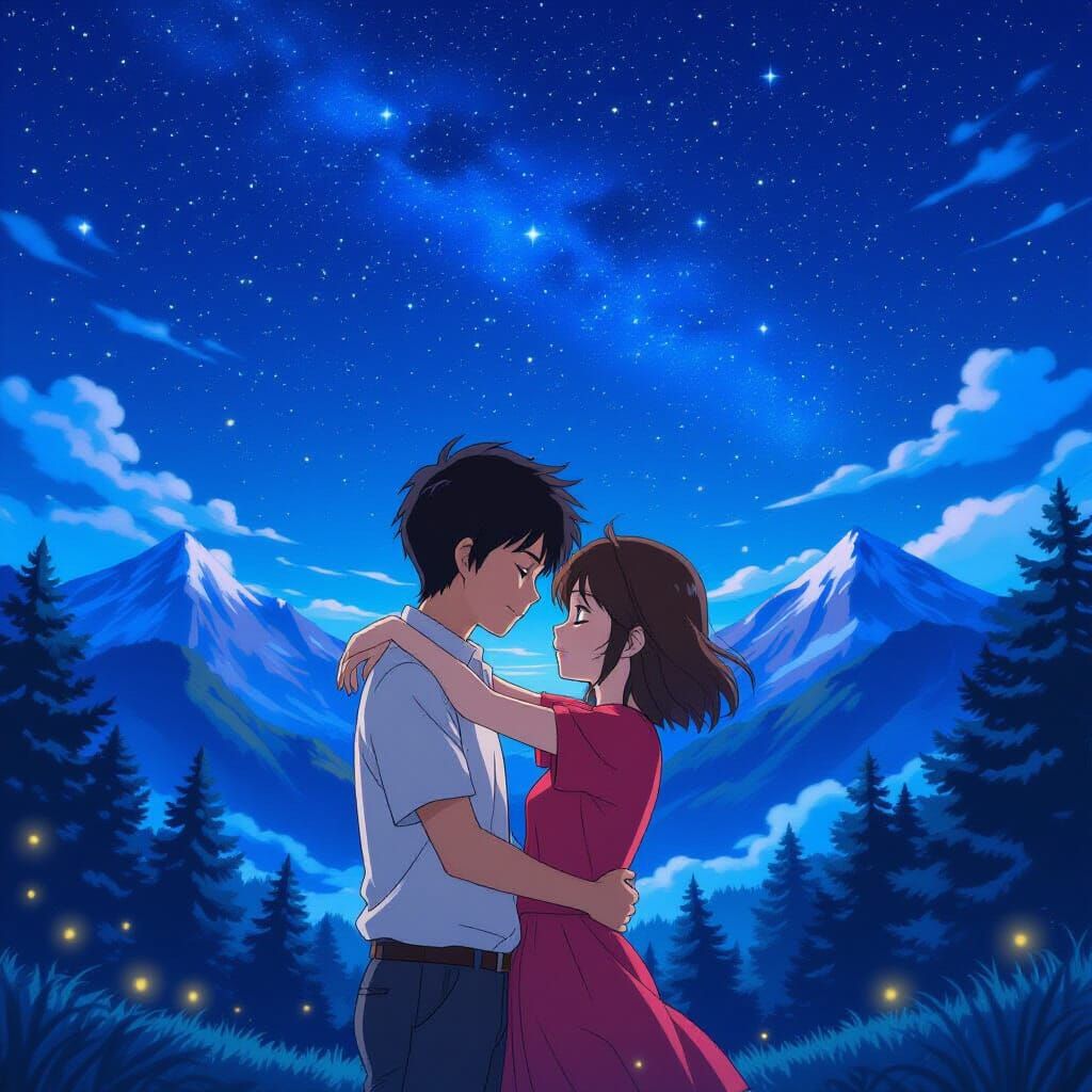 Anime Couple Embrace Under Starry Ghibli Sky