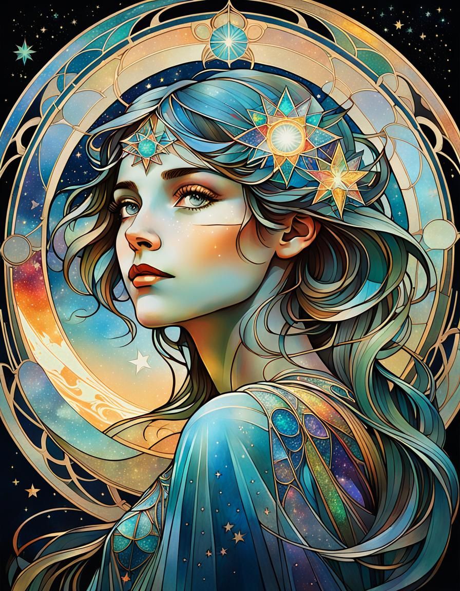 Starry Sky Double Exposure in Art Nouveau Style