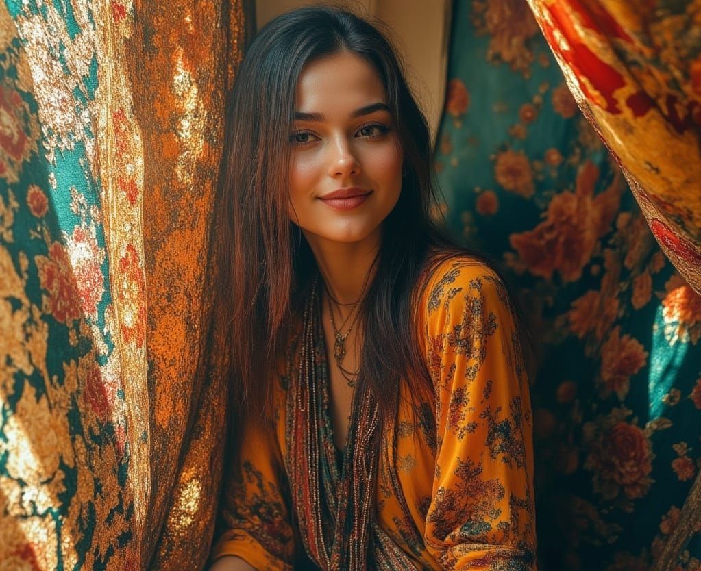 Relaxed Hippie Gazes at Vivid Tapestry in Sunlit Room