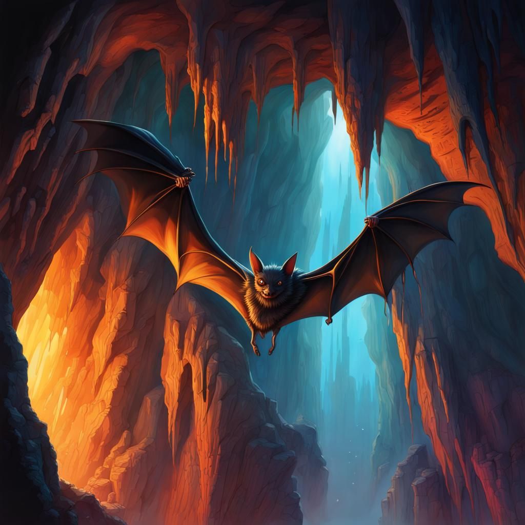 Magical Cave with Bat: Hyperrealistic Concept Art