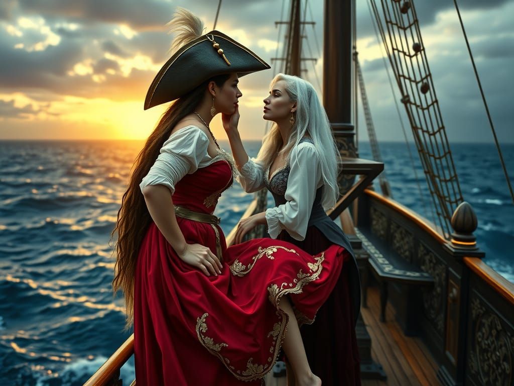 Confident Pirate-Woman in a Romantic Sailing Ship Scene