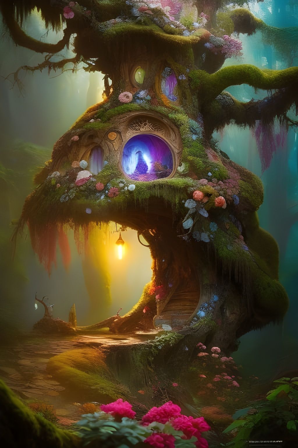 Intricate Faerie Home in Gnarled Oak, Fantasycore Art