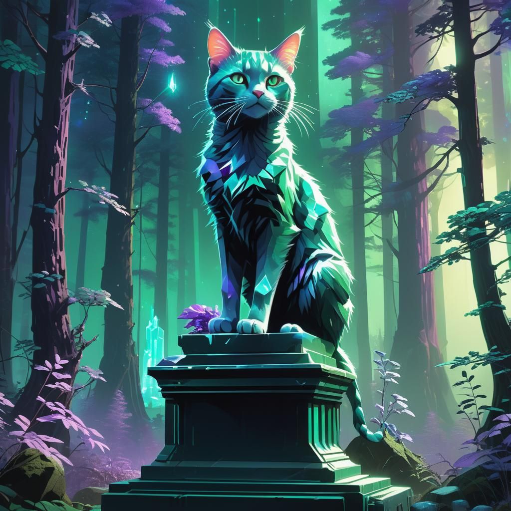 Crystalline Cat in Mystical Forest, Digital Art