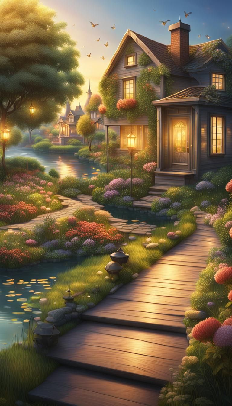 Enchanting Garden with Cityscape, 8K Concept Art