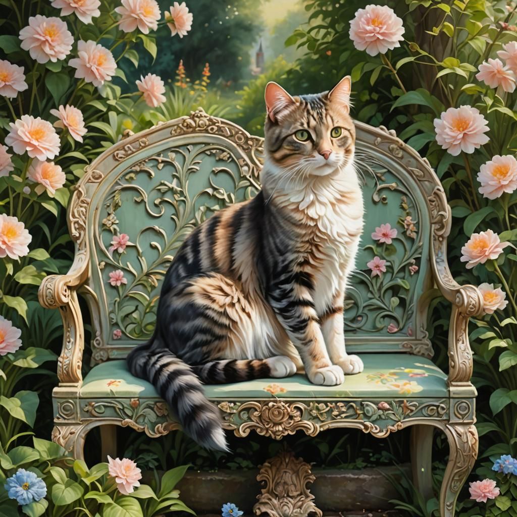 Cat on Ornate Bench in Rococo Garden Painting
