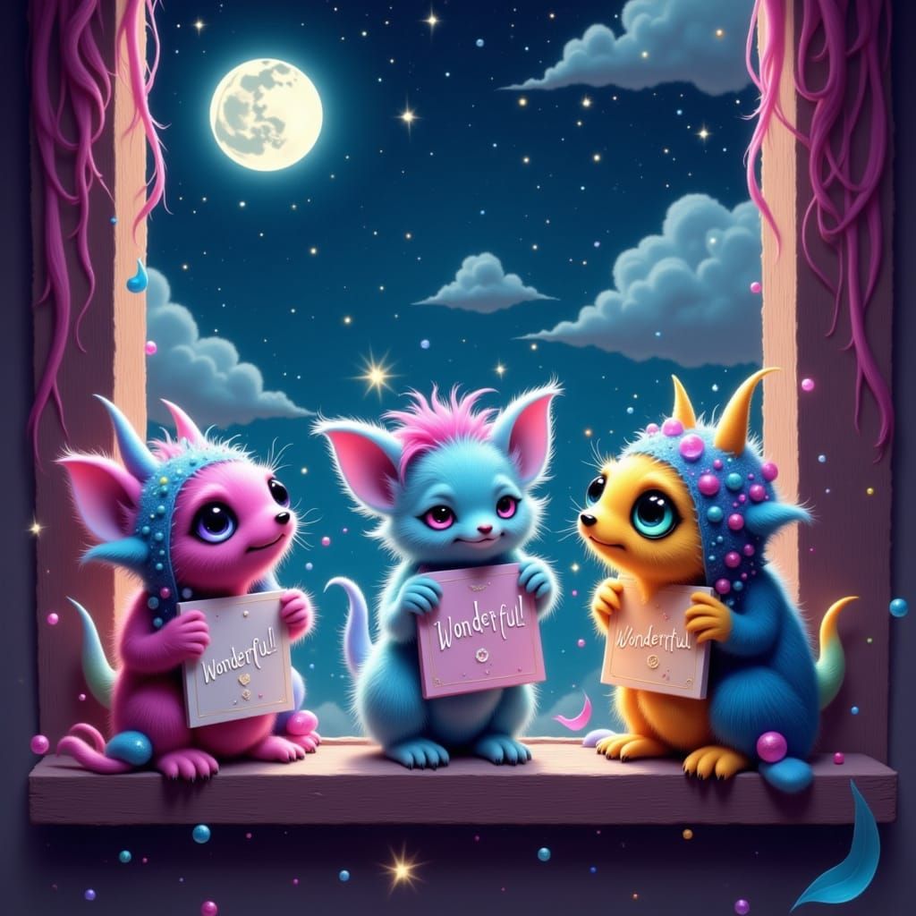 Playful Furry Monsters Gaze at Starry Night