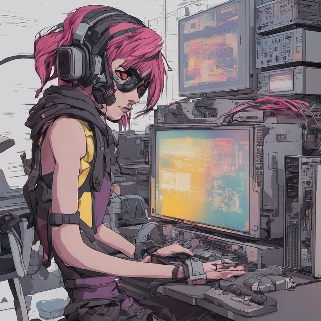Cyberpunk Programmer Writing Code in Anime Style