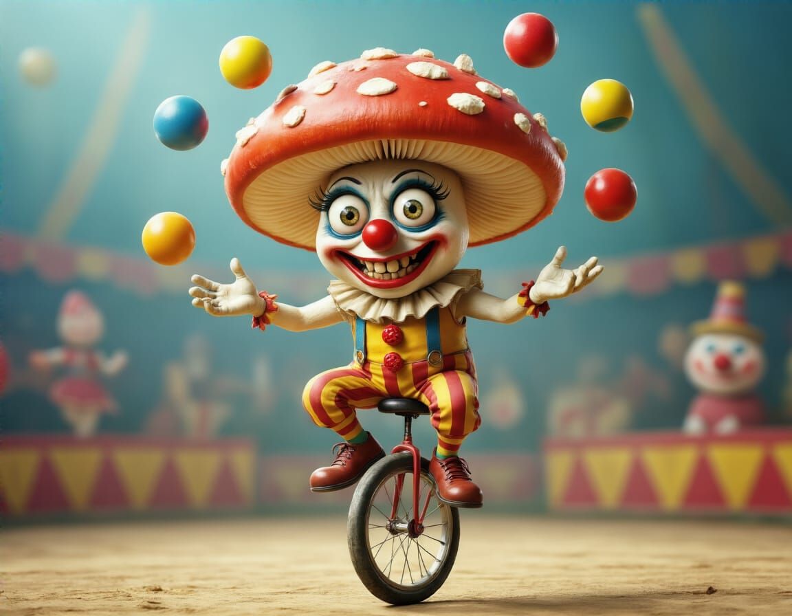 Mushroom Clown Juggles on Unicycle in Circus Scene