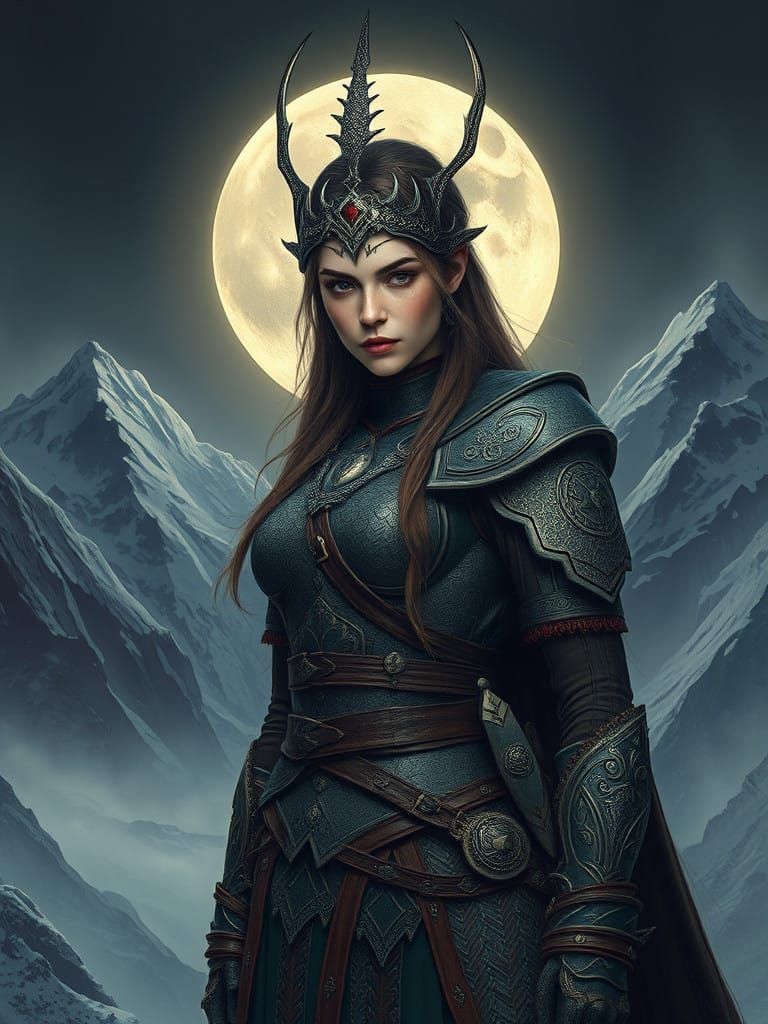 Mystical Norse Maiden in Futuristic, Moonlit Landscape