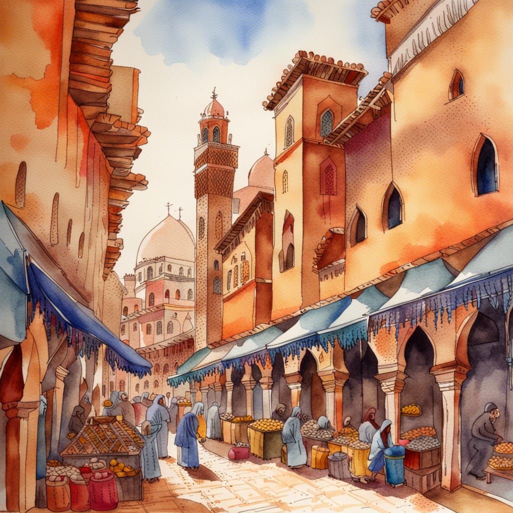 Vibrant Moroccan Market in Watercolour Style