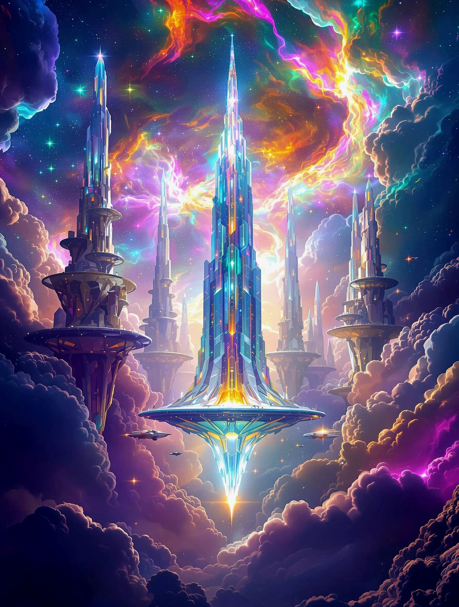 Colossal Crystalline City in Vibrant Nebula