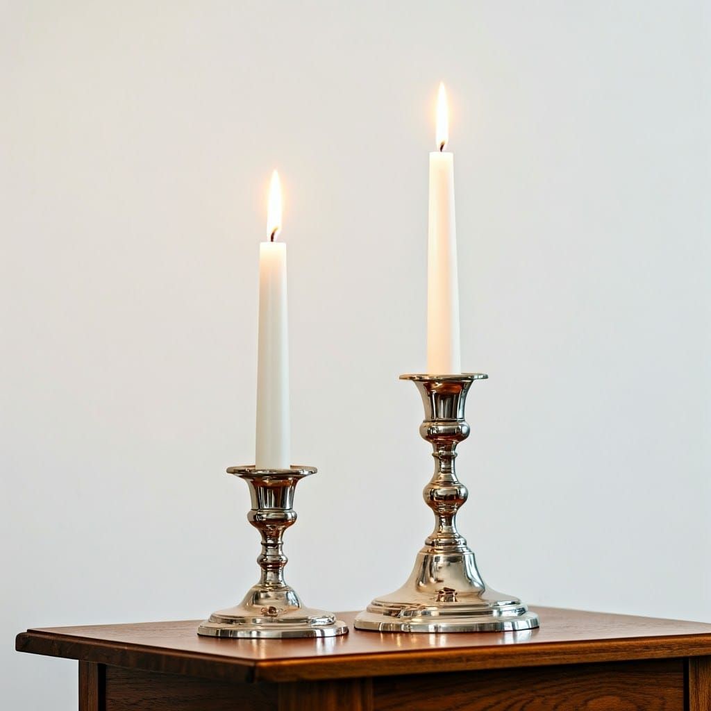 Elegant Silver Candlesticks Hold Two White Wax Candles in De...