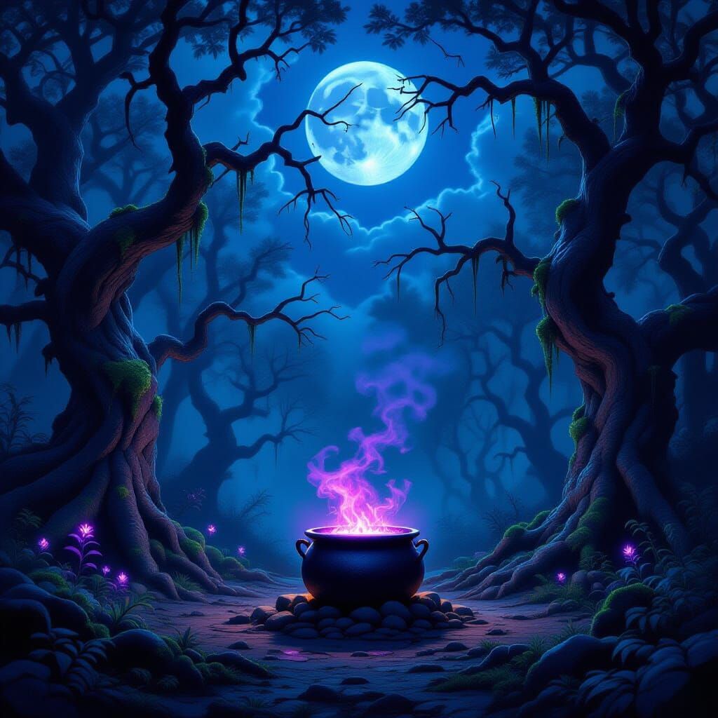 Mystical Forest Clearing with Cauldron in Dark Fantasy Style