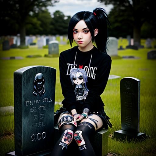 Chibi Emo teen girl
Shiny black hair
Smirk on her face
Sitting on gravestone
Playing with voodoo dolls
Punk clothing