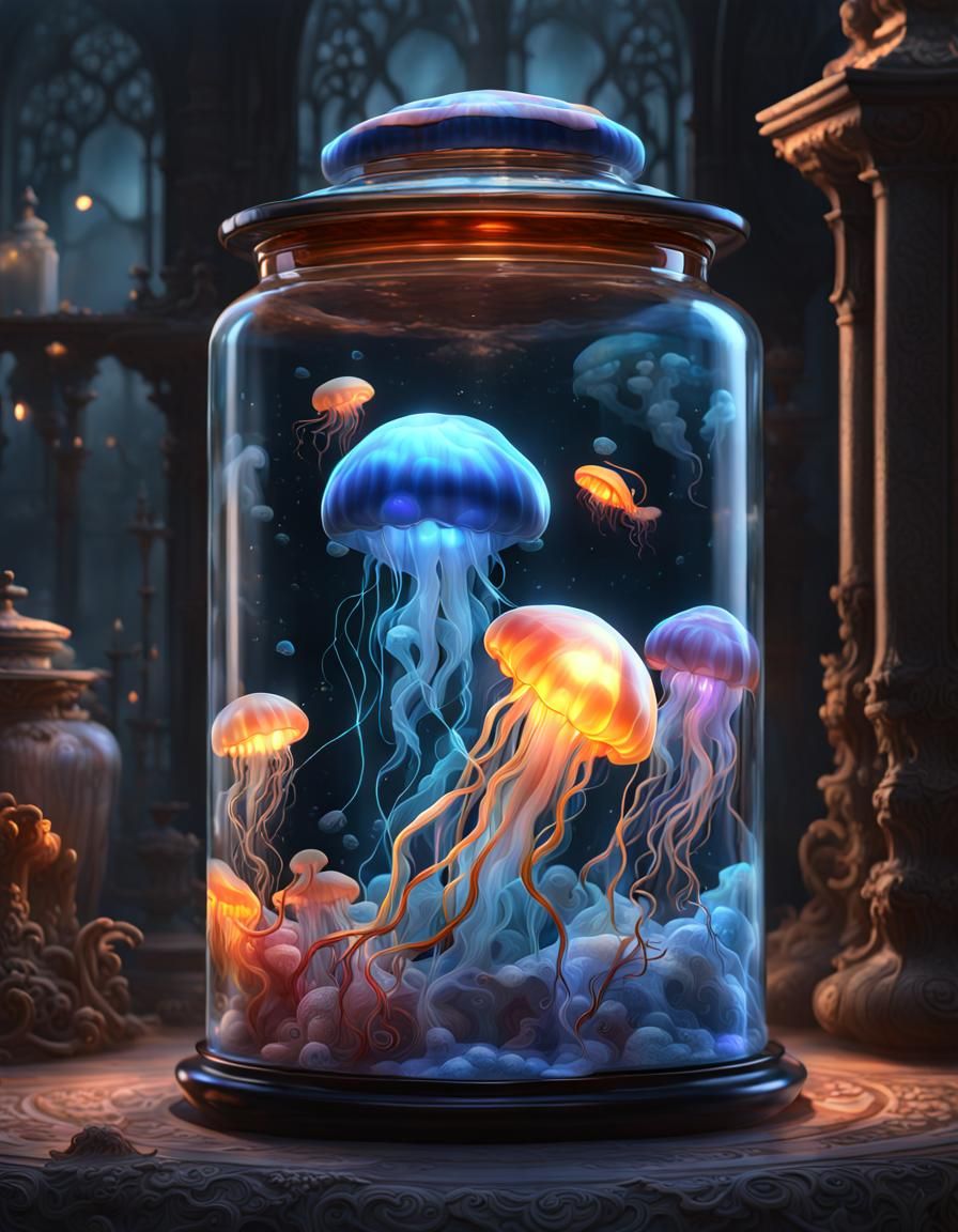 Yin Yang Jellyfish in Gothic Jar: Detailed Matte Painting