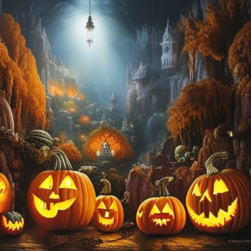 Intricately Carved Glass Jack-o'-Lanterns in Fantasy Setting