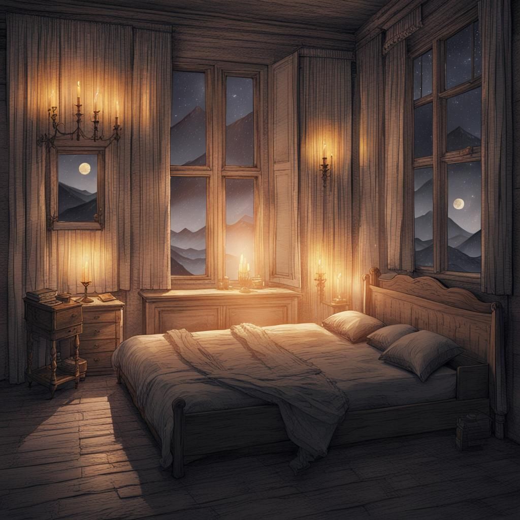 Bedroom with Candle in Dreamy Watercolor Style