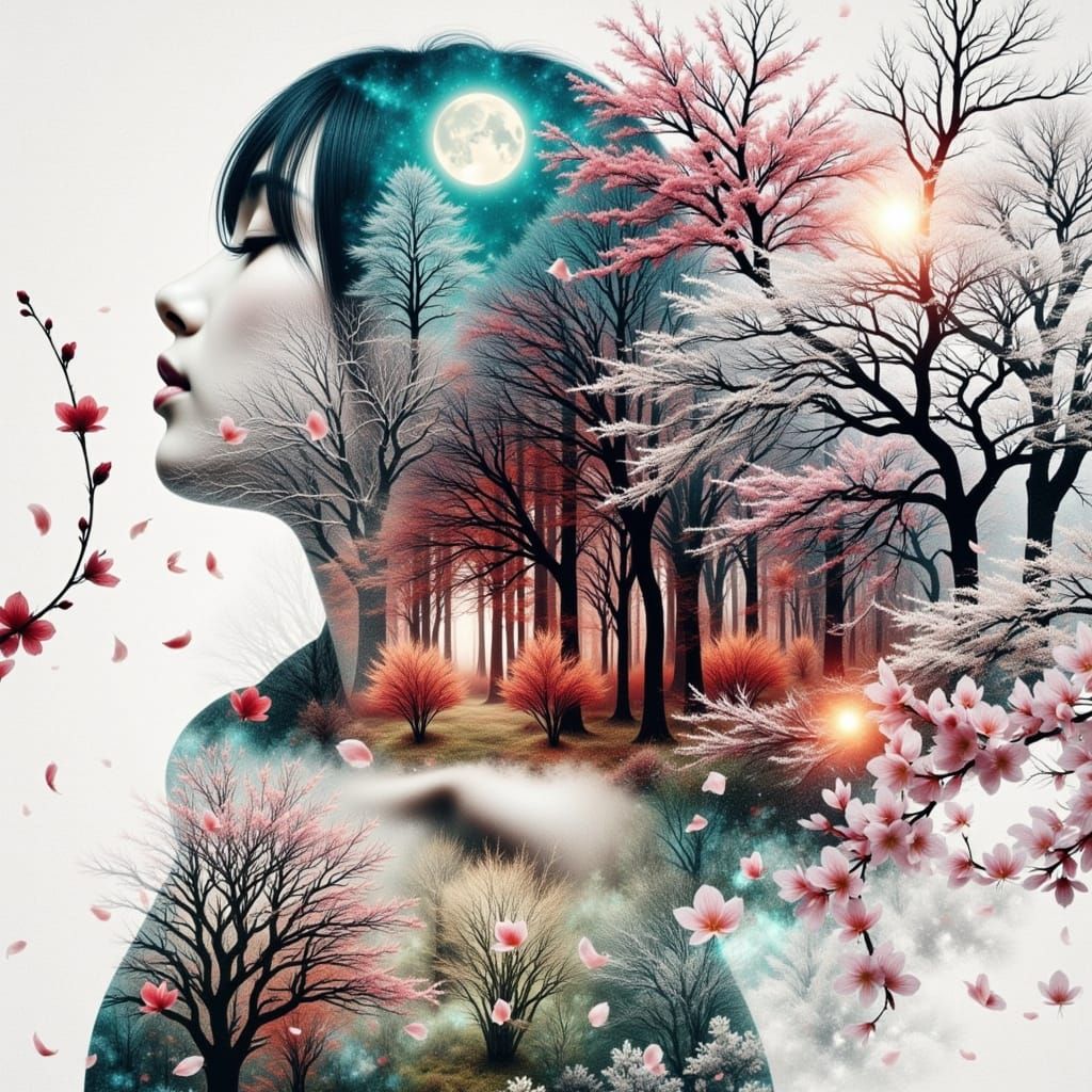 Surreal Double Exposure Portrait of Woman with Seasonal Land...