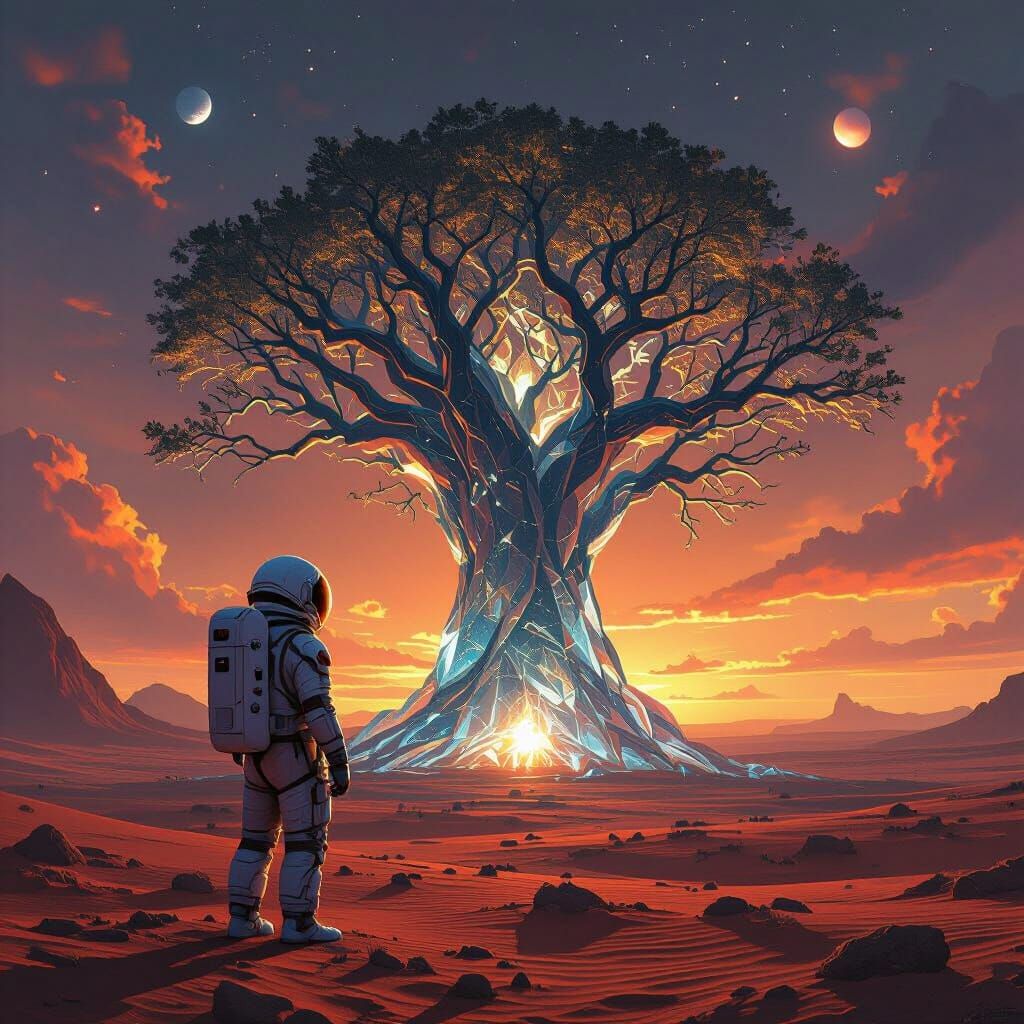 Astronaut and Crystalline Tree on Alien Planet