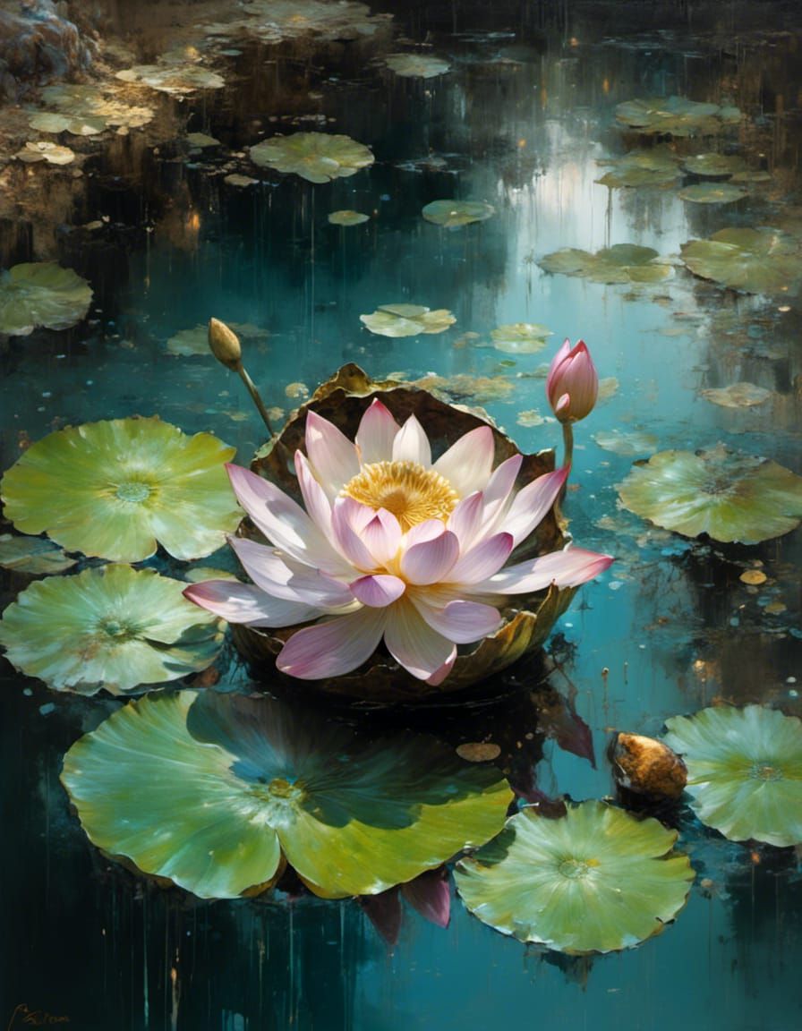 Hyperreal Lotus Key with Keyhole in Oil Painting Style