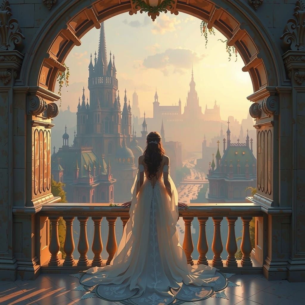 Woman in Fantasy City at Golden Hour, Abstract Art