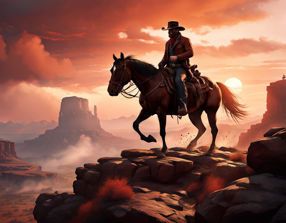 Cowboy Riding Horse at Sunrise on Cliff