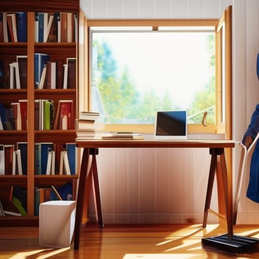 Cozy Workspace with Library View in 8K