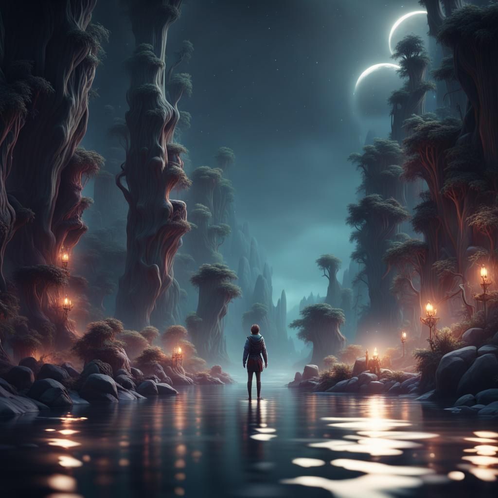Solitary Figure in River at Night: Fantasy Concept Art