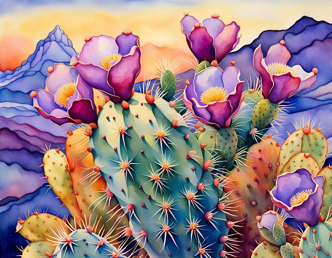 Prickly Pear Cactus Flower: Art Nouveau Watercolor