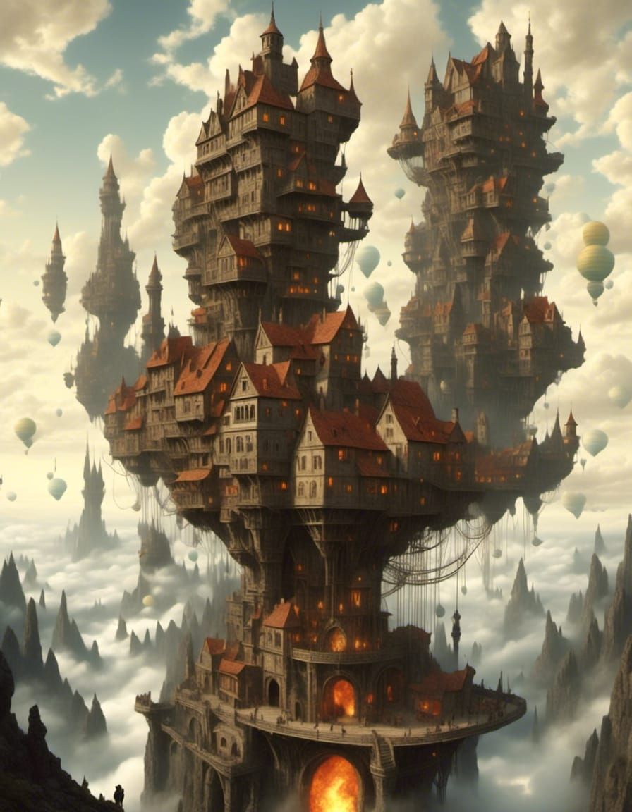 Surreal Fire Landscape Inspired by Bosch and Escher