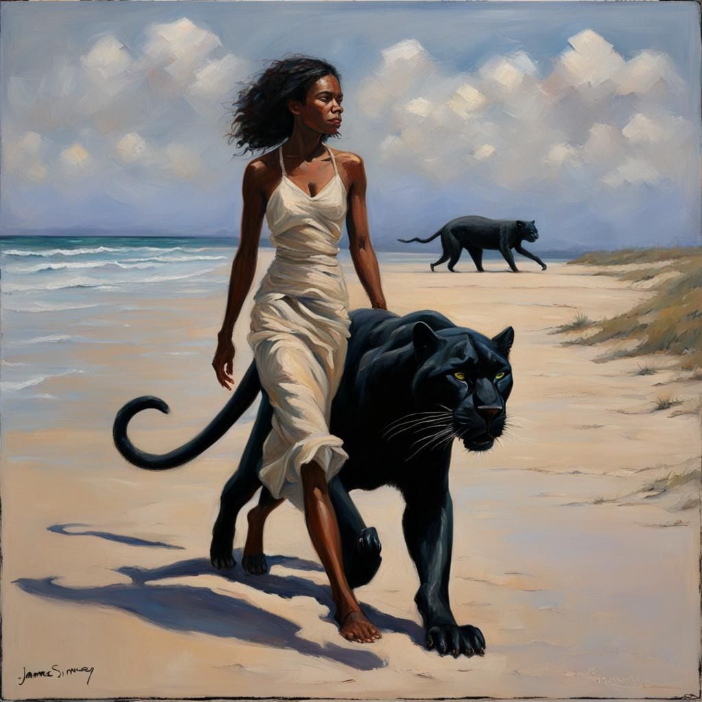 Woman and Panther on Beach, Oil Painting