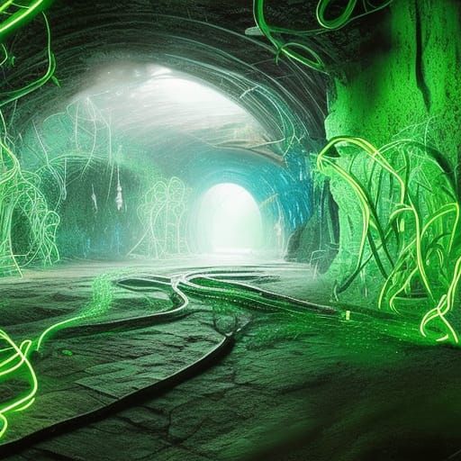Neon Vines Illuminate Underground Cave: Digital Matte Painti...
