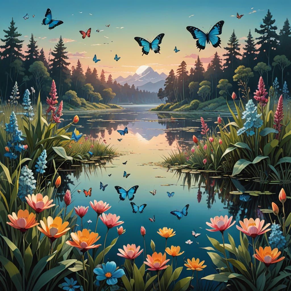 Vibrant Field of Flowers with Magical Butterflies