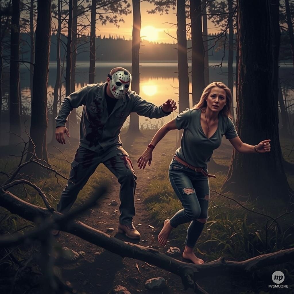 Terrified Woman Pursued by Masked Killer in Dark Forest