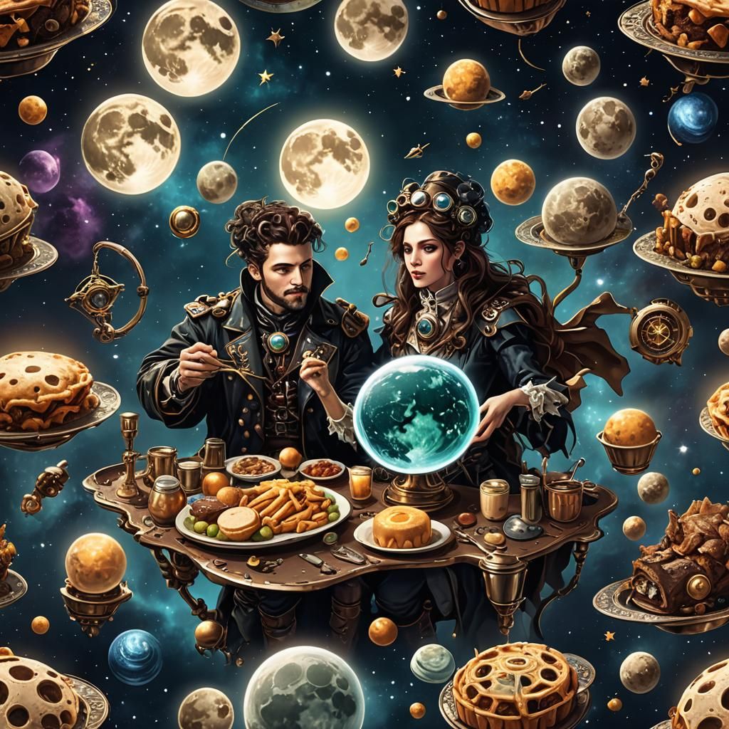 Steampunk Figure Eating Under Full Moon in Space