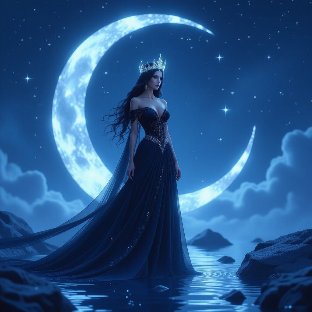 Ethereal Moon Queen with Crescent Crown and Orbiting Stars
