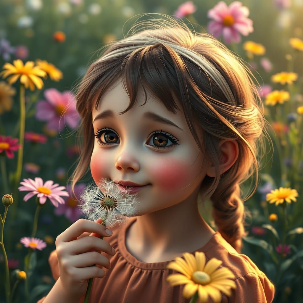 Whimsical Girl Blows Dandelion in Enchanted Garden