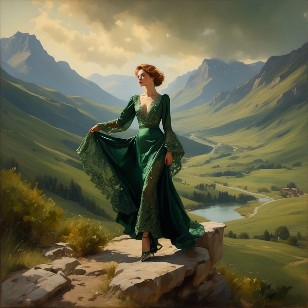 Woman in Green Lace Gown, Oil Painting Style